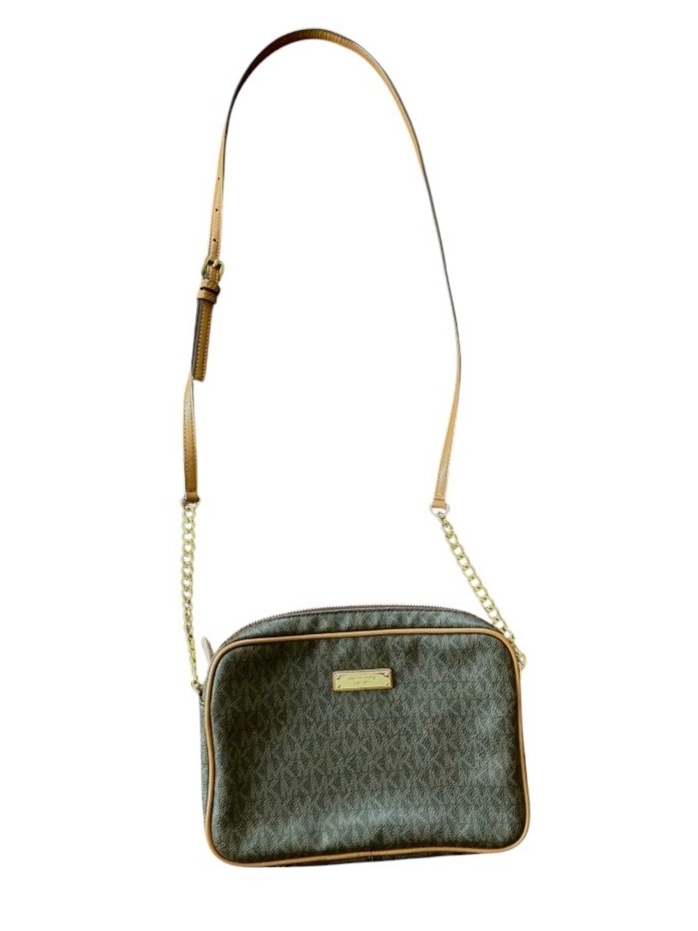 Michael Kors Jet Set Crossbody Purse Brown Logo Gold Colored Hardware EUC